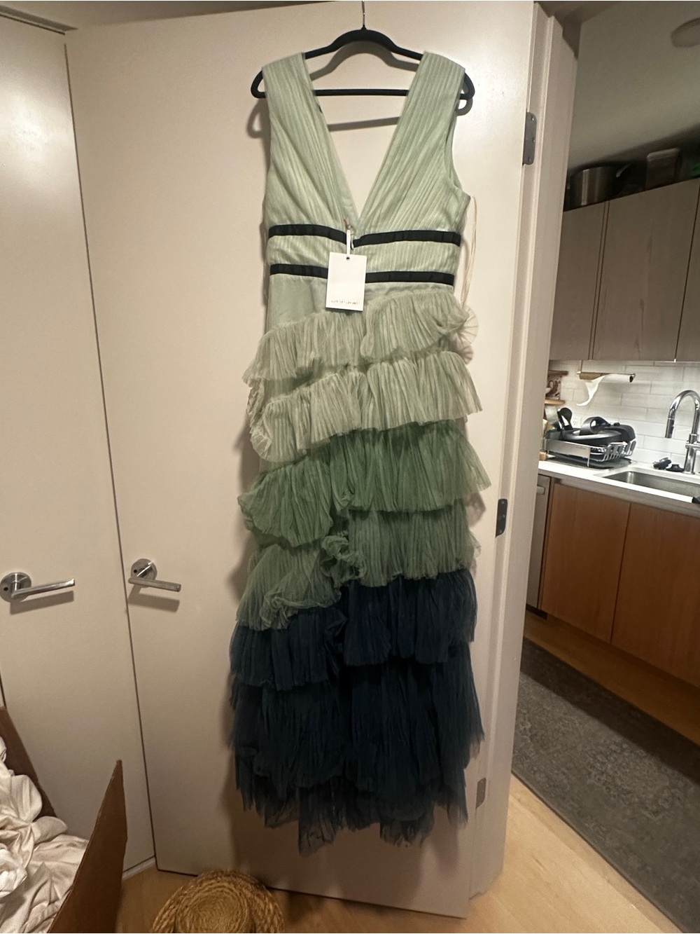 Ombre Green Tiered Tulle Maxi Dress with Black Ribbon - Picture 4 of 5